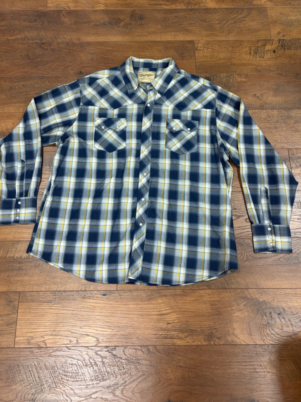 Wrangler Navy, White and Yellow Plaid Button-Down Shirt